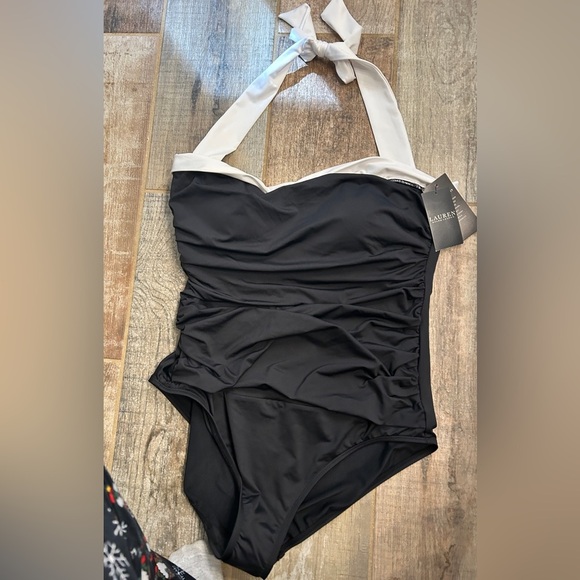 $130 NWT RALPH LAUREN 14 BLACK TIE ONE PIECE SLIMMING BEL AIR SWIMSUIT - Picture 10 of 11